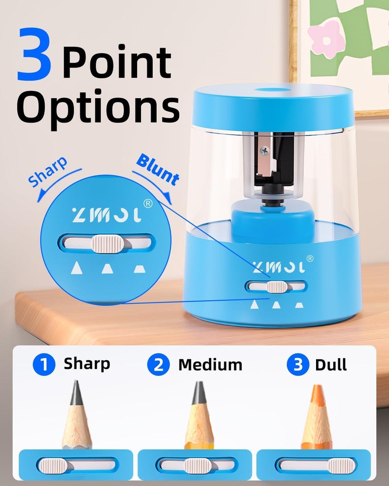 Zmol Colored Pencil Electric Sharpener, Auto Stop, Plug-in Small Electric Sharpener Battery Powered for 6-8mm No. 2 Pencils Blue - Image 3